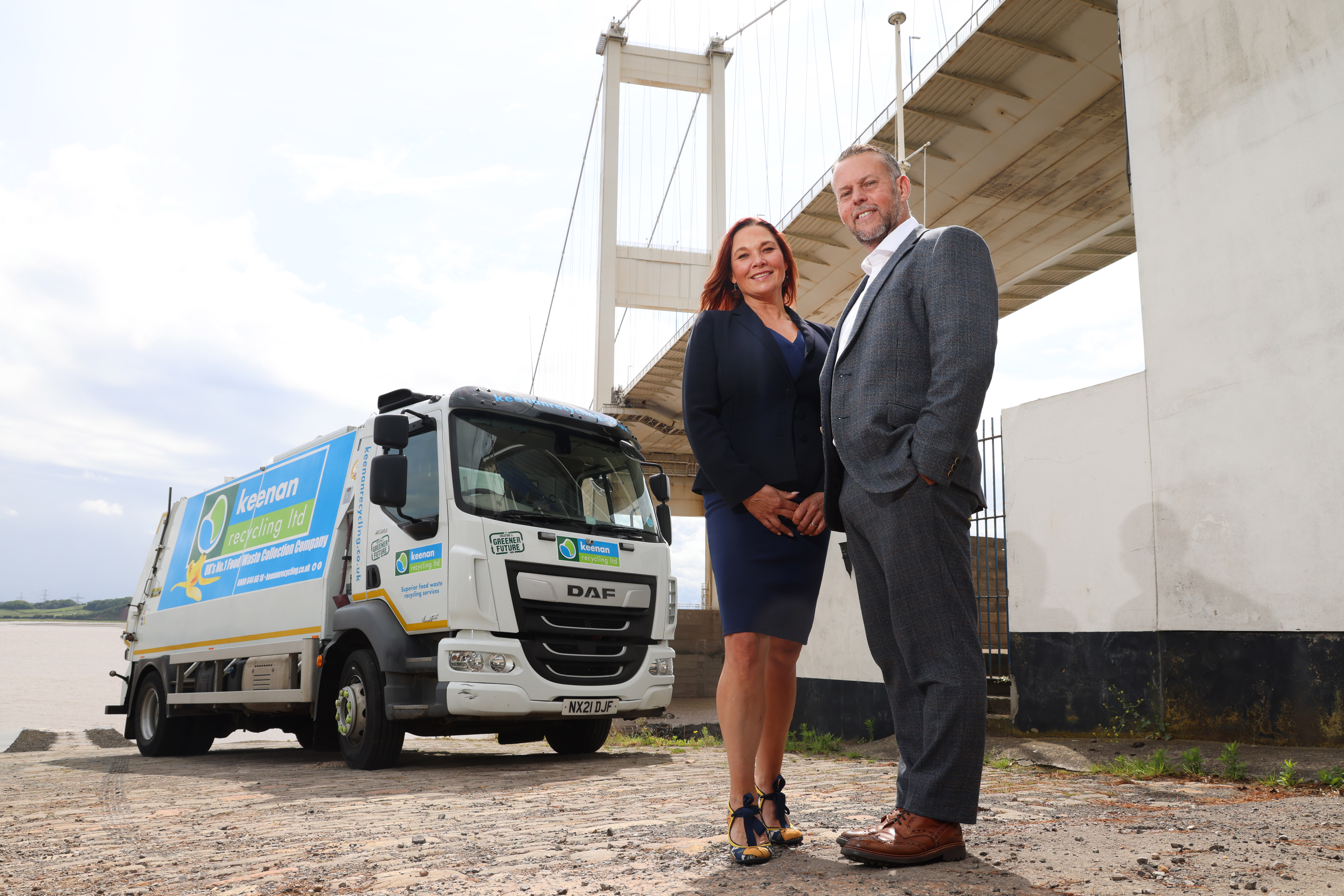 Keenan Recycling, one of the UK’s largest food waste recycling companies, is expanding operations in South Wales as part of a wider £2m spend to support growth plans - Grant Keenan (Managing Director of Keenan Recycling) and Claire Keenan (Collections Director of Keenan Recycling) at the Severn Bridge - 13.7.2023 Picture by Antony Thompson - Thousand Word Media, NO SALES, NO SYNDICATION. Contact for more information mob: 07775556610 web: www.thousandwordmedia.com email: antony@thousandwordmedia.com The photographic copyright (© 2023) is exclusively retained by the works creator at all times and sales, syndication or offering the work for future publication to a third party without the photographer's knowledge or agreement is in breach of the Copyright Designs and Patents Act 1988, (Part 1, Section 4, 2b). Please contact the photographer should you have any questions with regard to the use of the attached work and any rights involved.