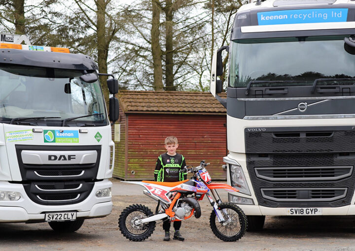 Motorcross biker Ricky Barrack with his bike and Keenan food waste recycling trucks